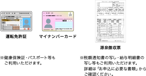 運転免許証、マイナンバーカード、源泉徴収票