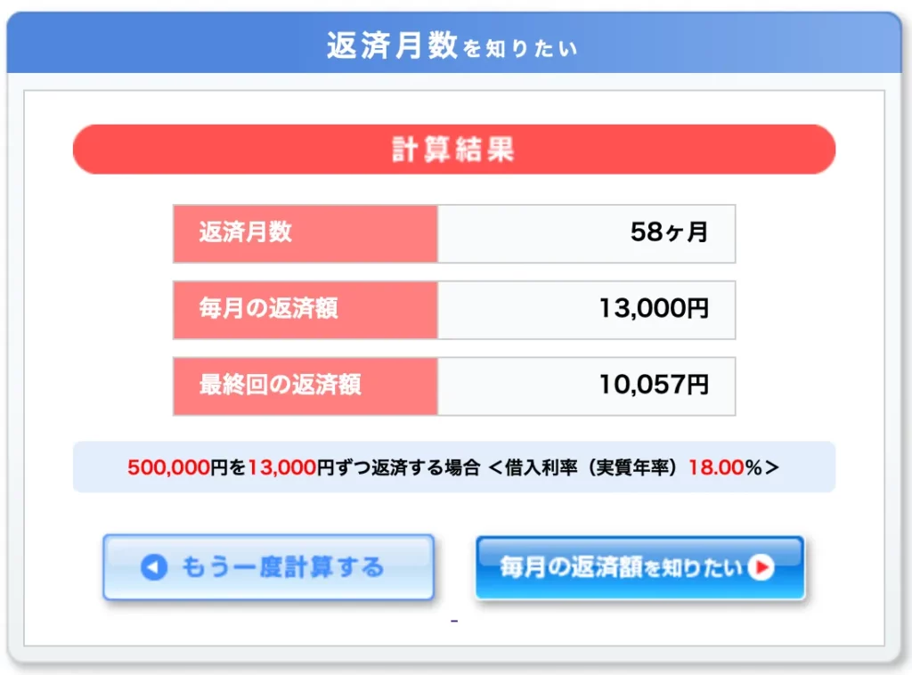 SMBCモビットで借りた50万円を毎月13,000円ずつ返済する場合のシミュレーション